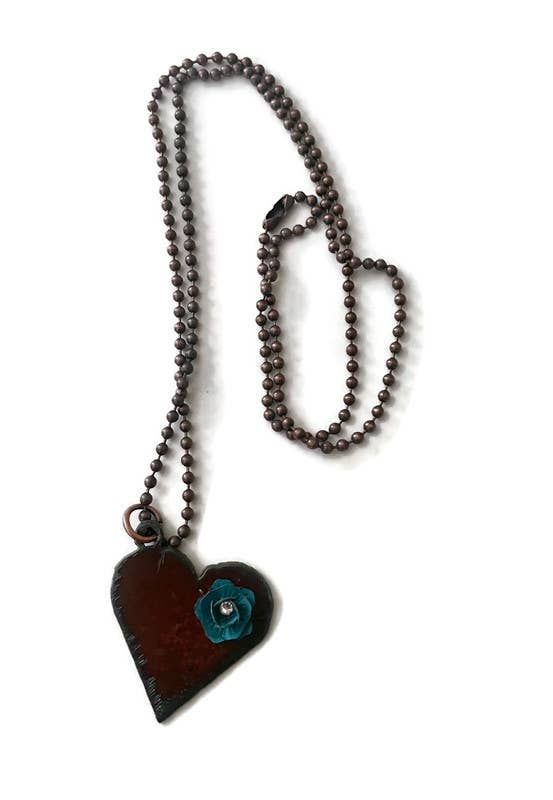 Rustic Heart Necklace with Turquoise Flower – Western Copper Chain Necklace – Rustic Jewelry Gift