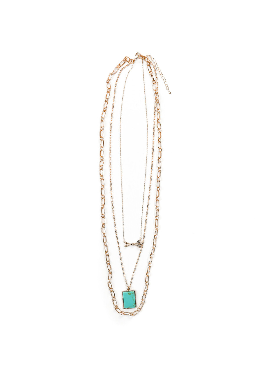 24" Layered Gold Chain Necklace with Arrows and Turquoise Bar Accents