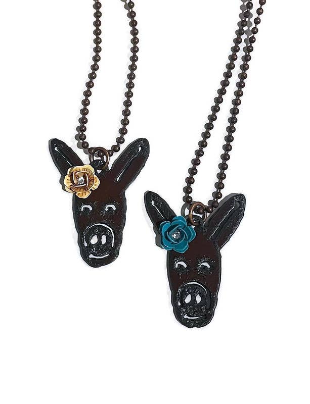 Rustic Donkey Necklace with Turquoise or Rust Flower – Swarovski Crystal Western Necklace – Copper Chain