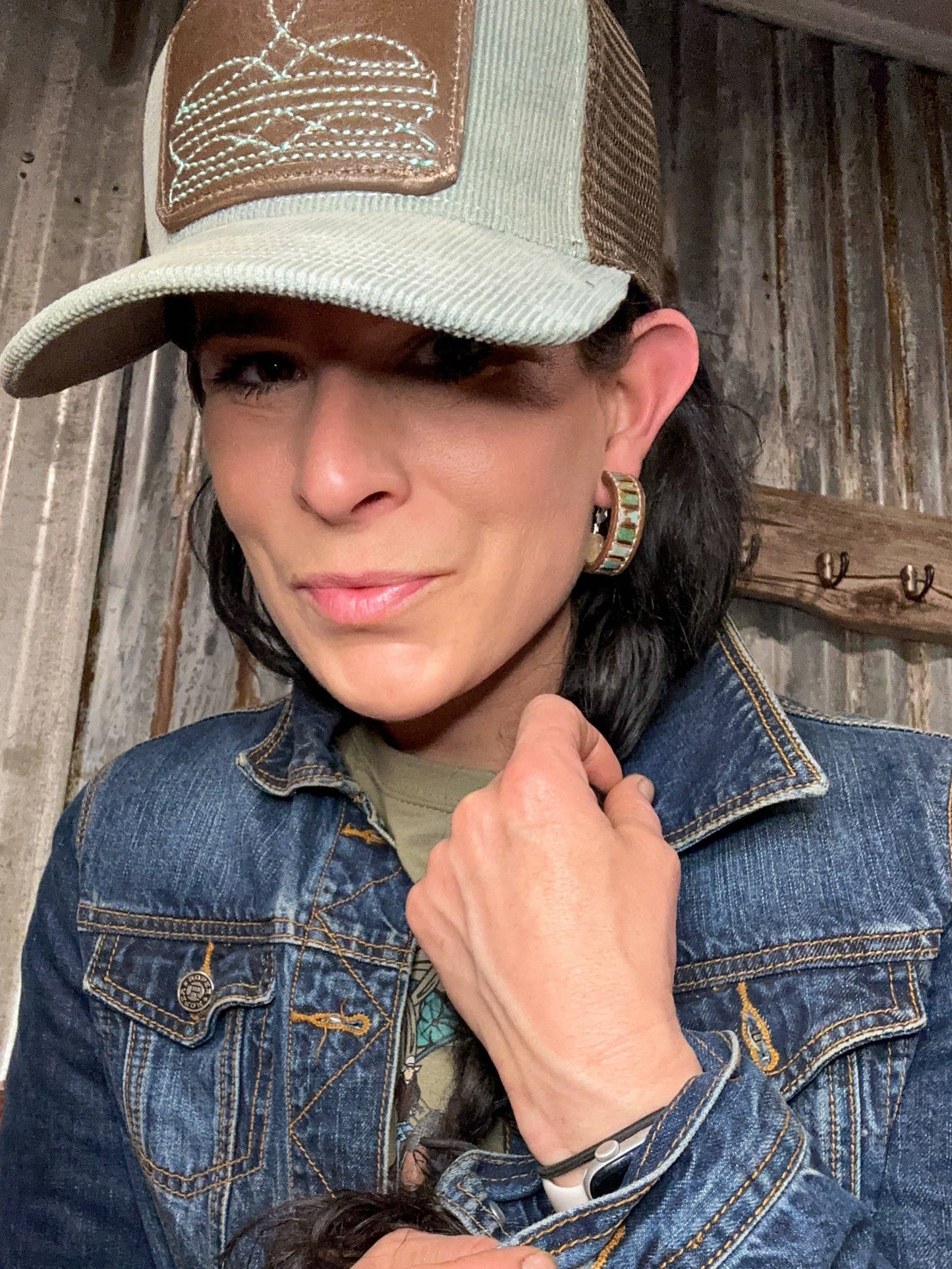 Beaded Tooled Leather Hoop Earrings 30mm Cowgirl Rodeo