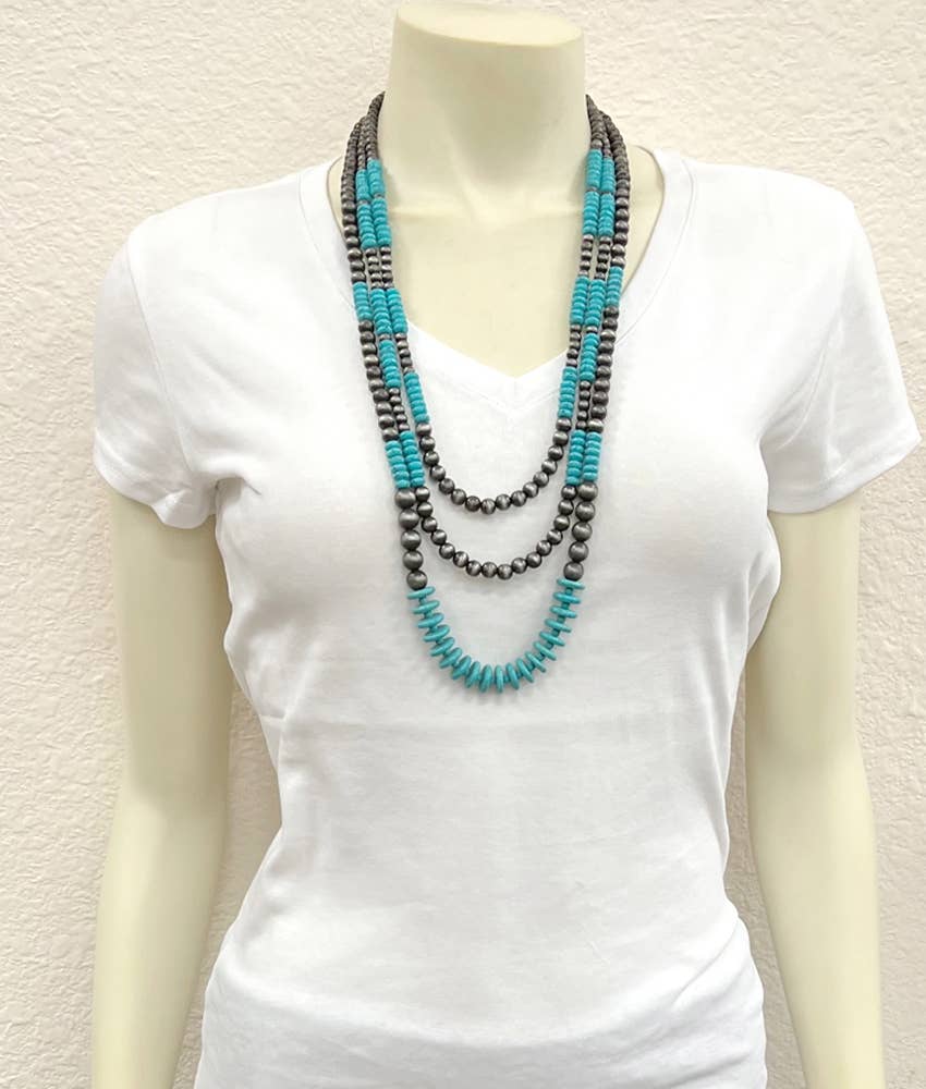 Handmade 3-Strand Navajo Pearl Bead Necklace – 30” to 35” Adjustable Western Statement Necklace