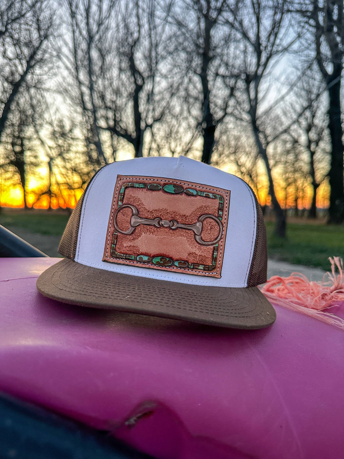 Snaffle Bit Tooled Leather Trucker Cap Cowgirl Cowboy Western Rodeo
