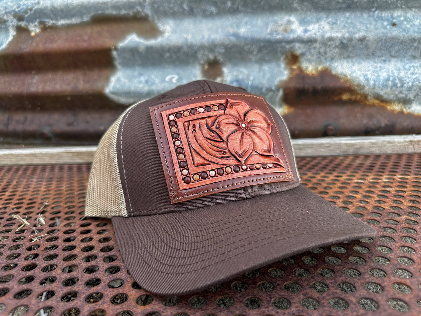 Pansy Handtooled Leather Patch Cap with Beaded Border Cowgirl Rodeo Western Cowboy