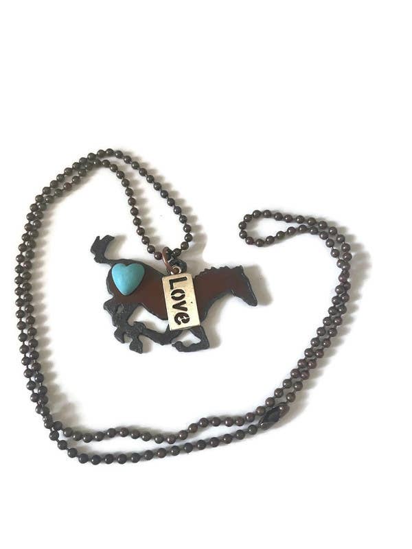 Rustic Horse Necklace with Turquoise Heart & LOVE Charm – Western Copper Chain Necklace