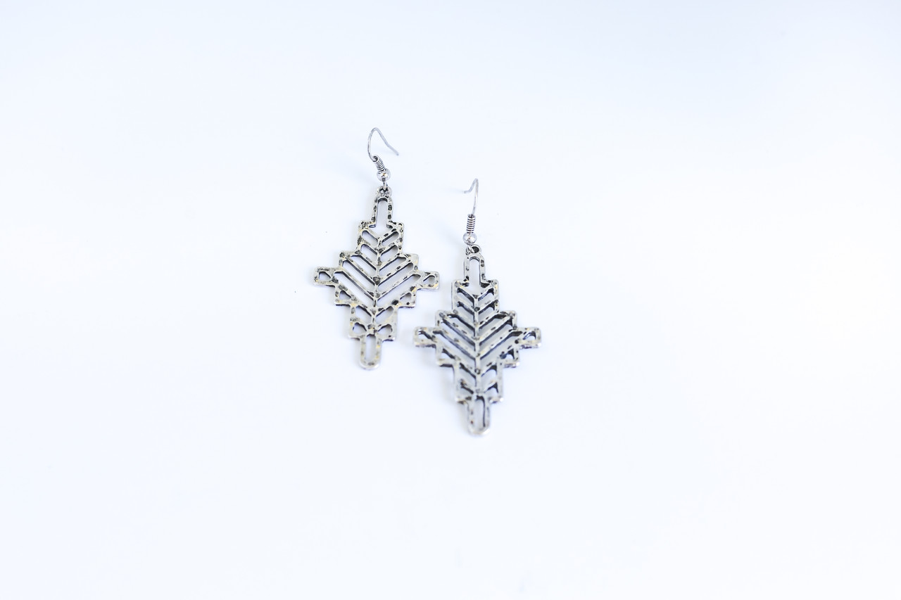 Burnished Silver Geometric Cross Earring