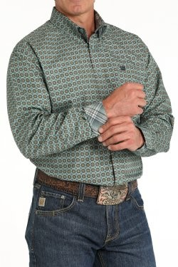 Cinch Men's Geometric Print Button-Down Western Shirt - Green