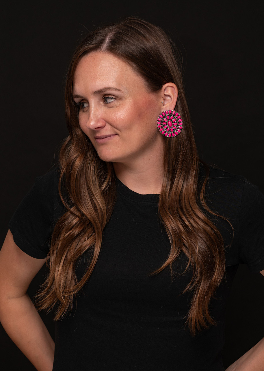 Large Silver Pink and Rhinestone Cluster Post Earring