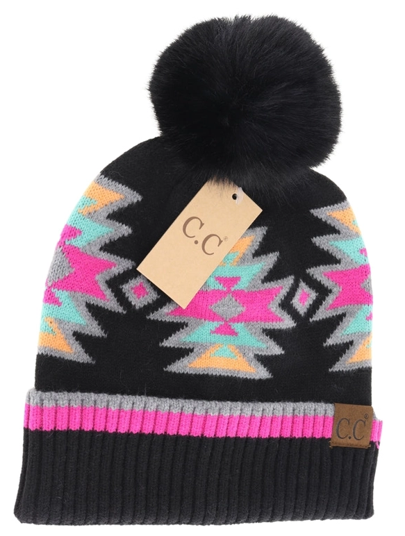 Southwestern Faux Fur Pom C.C Beanie