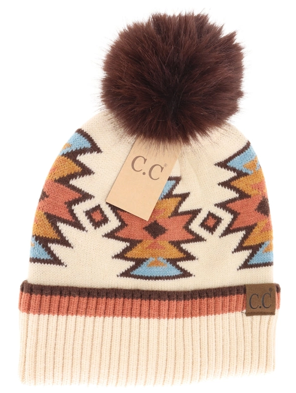 Southwestern Faux Fur Pom C.C Beanie