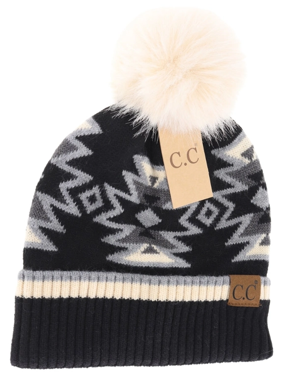 Southwestern Faux Fur Pom C.C Beanie