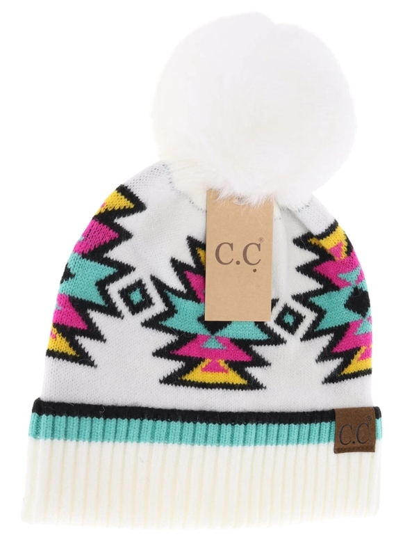 Southwestern Faux Fur Pom C.C Beanie