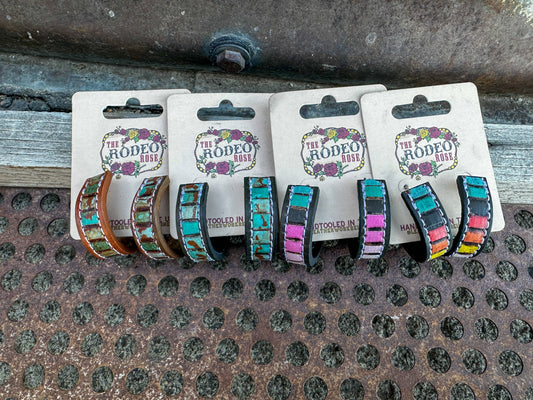 Beaded Tooled Leather Hoop Earrings 30mm Cowgirl Rodeo