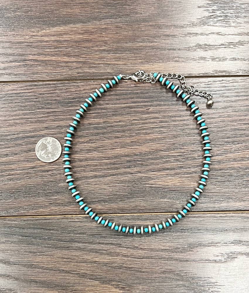 Handmade Thin Rondelle Navajo Pearl & Turquoise Necklace – 16” to 21” Adjustable Western Jewelry | Made in USA