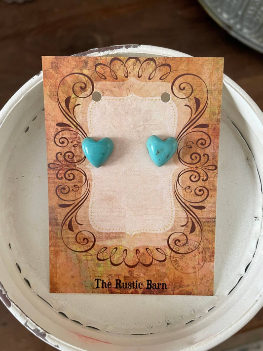 Faux Turquoise Heart Stud Earrings – Stainless Steel Posts – Western Cowgirl Earrings