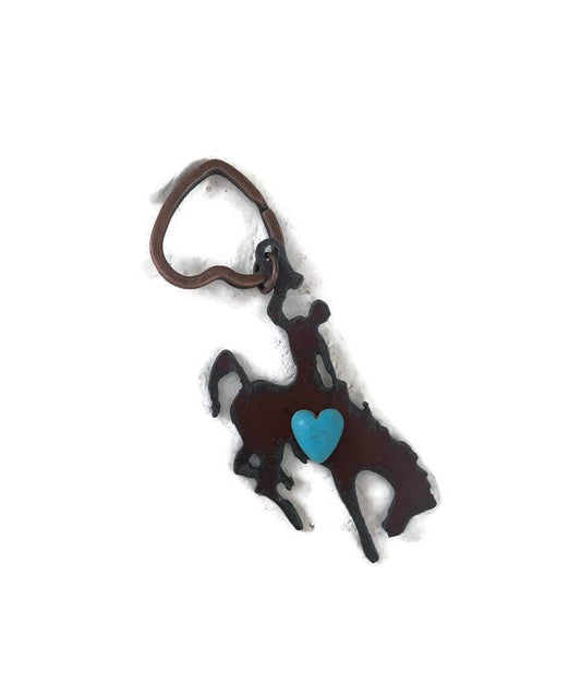 Rustic Bronc Keychain with Turquoise Heart – Bucking Horse Metal Keychain – Western Rodeo Gift