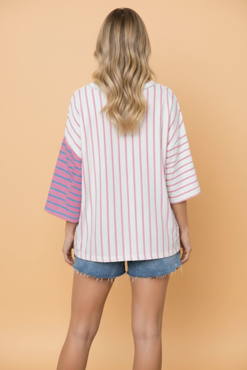 PRETTY BASH Women's Striped Colorblock 3/4 Sleeve Tee | Relaxed Fit Casual Top