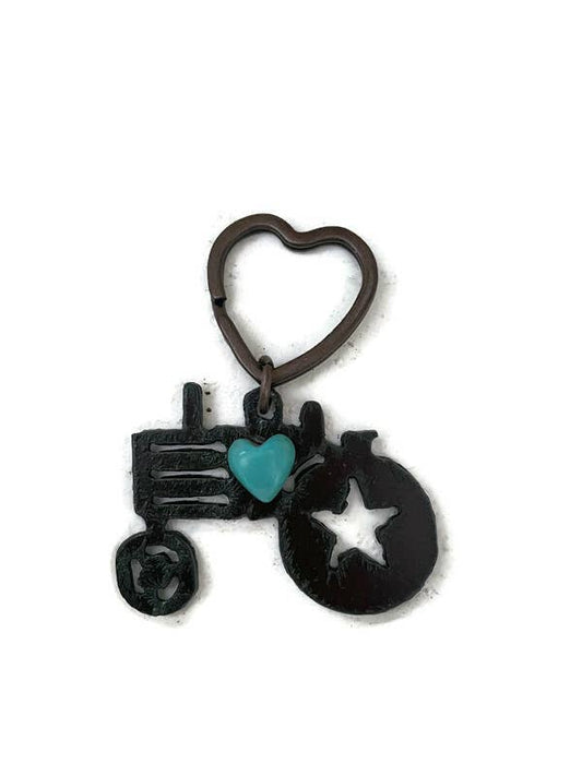 Rustic Tractor Keychain with Heart Cabochon – Farm Tractor Metal Keychain – Farmer Gift