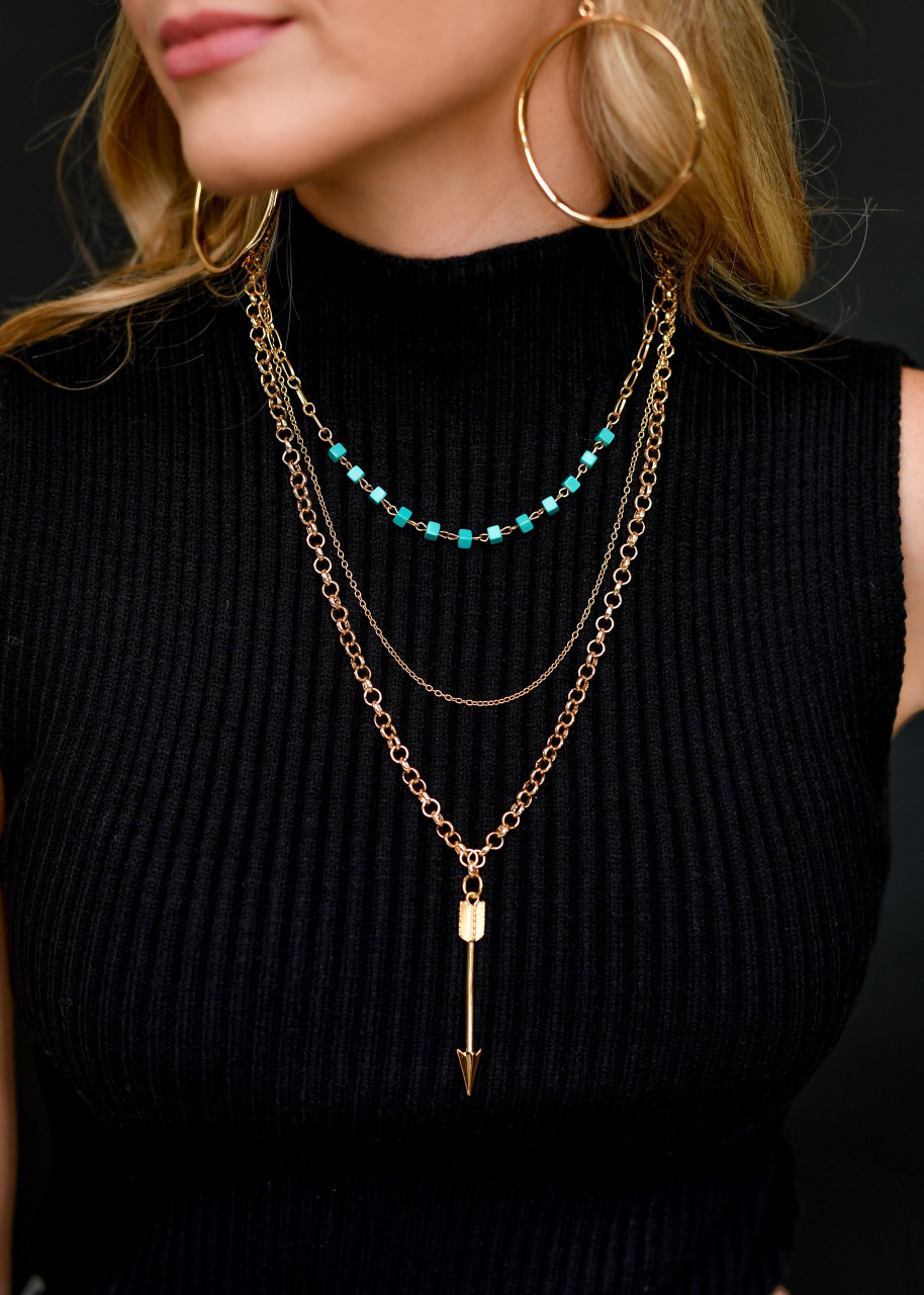 16",20" & 24" Three Strand Gold Chain Necklace with Turquoise Accents and Arrow Pendant