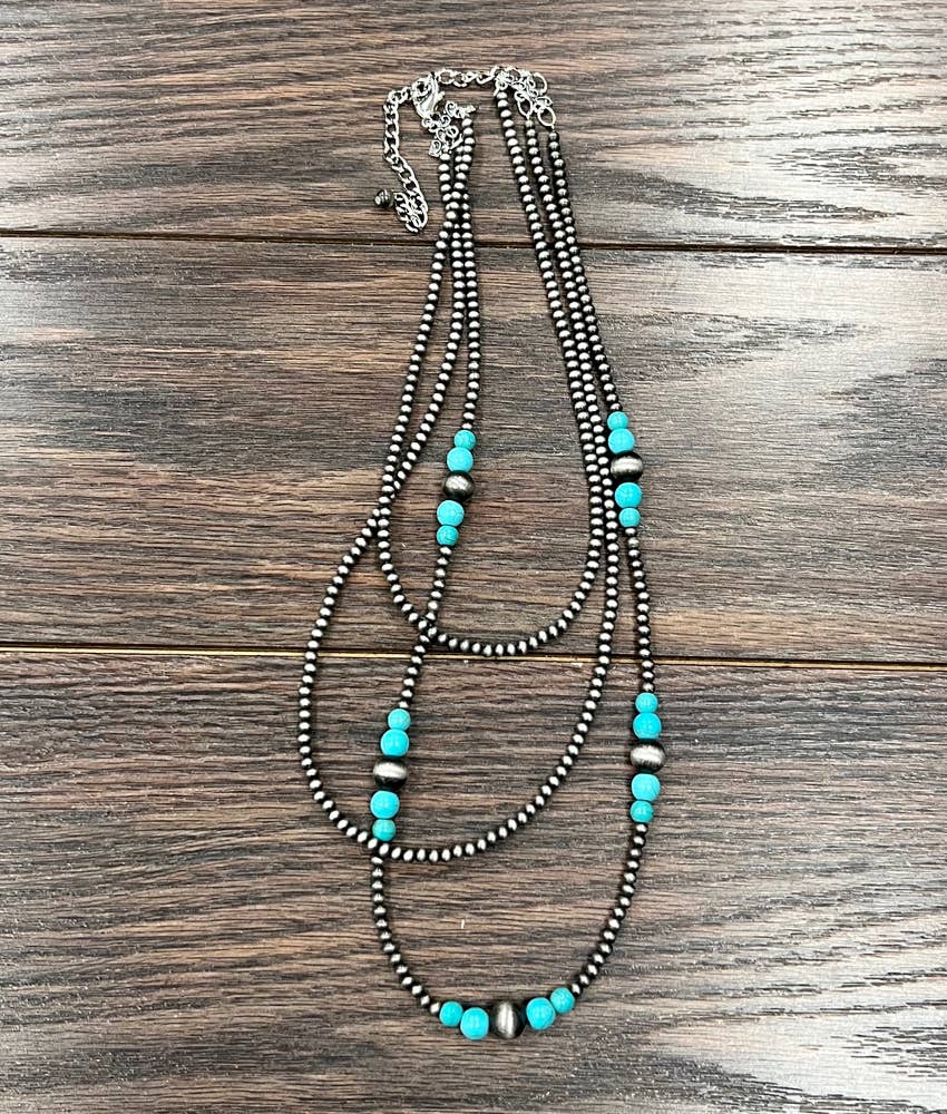 Handmade 3-Strand Navajo Pearl & Turquoise Necklace – 22” to 27” Adjustable Western Layered Statement Jewelry