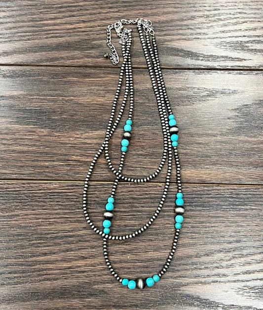 Handmade 3-Strand Navajo Pearl & Turquoise Necklace – 22” to 27” Adjustable Western Layered Statement Jewelry