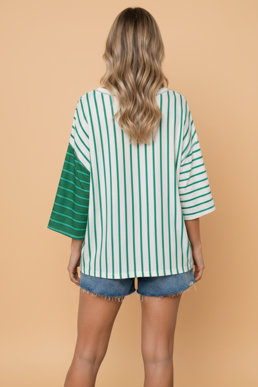 PRETTY BASH Women's Striped Colorblock 3/4 Sleeve Tee | Relaxed Fit Casual Top
