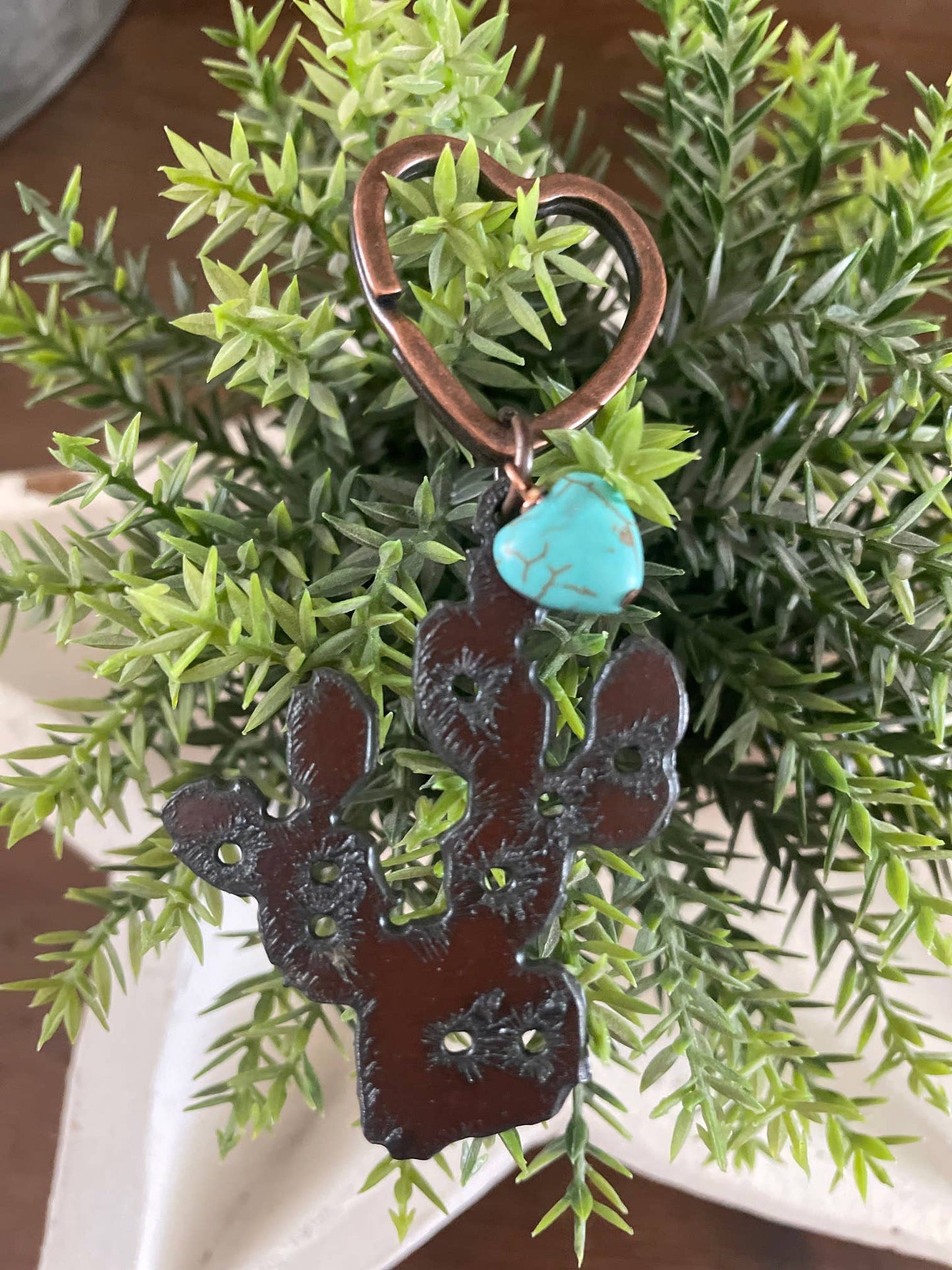 Rustic Prickly Pear Keychain with Turquoise Heart – Western Keychain – Cowgirl Gift Idea