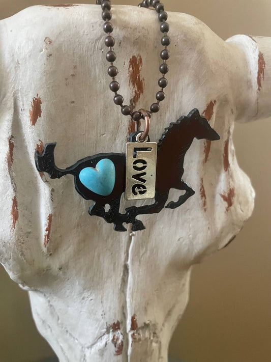 Rustic Horse Necklace with Turquoise Heart & LOVE Charm – Western Copper Chain Necklace