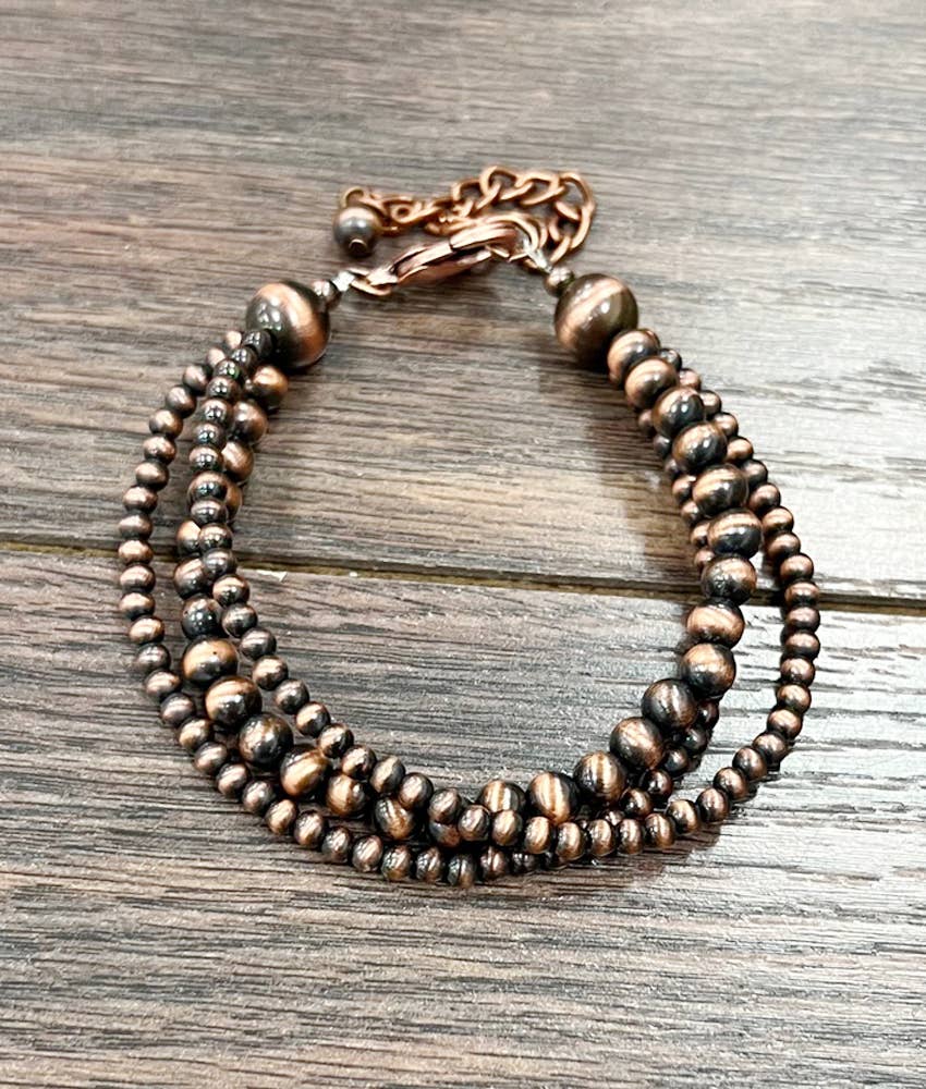 Handmade 3-Strand Copper Navajo Pearl Bracelet – Adjustable Western Bead Bracelet