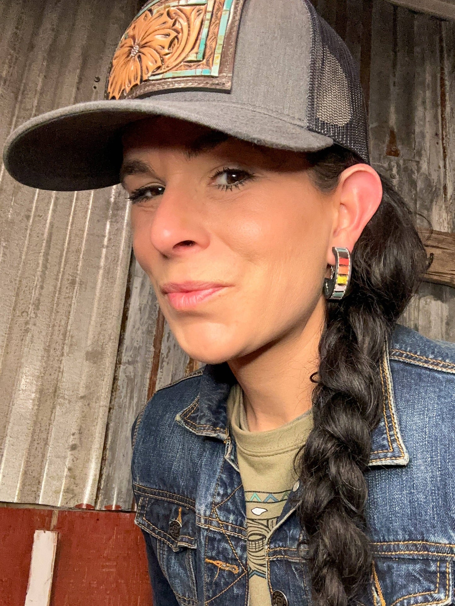 Beaded Tooled Leather Hoop Earrings 30mm Cowgirl Rodeo