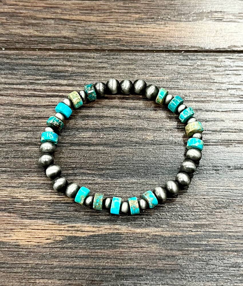6mm Rondelle Gemstone & Navajo Bead Stretch Bracelet – Handmade Western Jewelry (Made in USA)