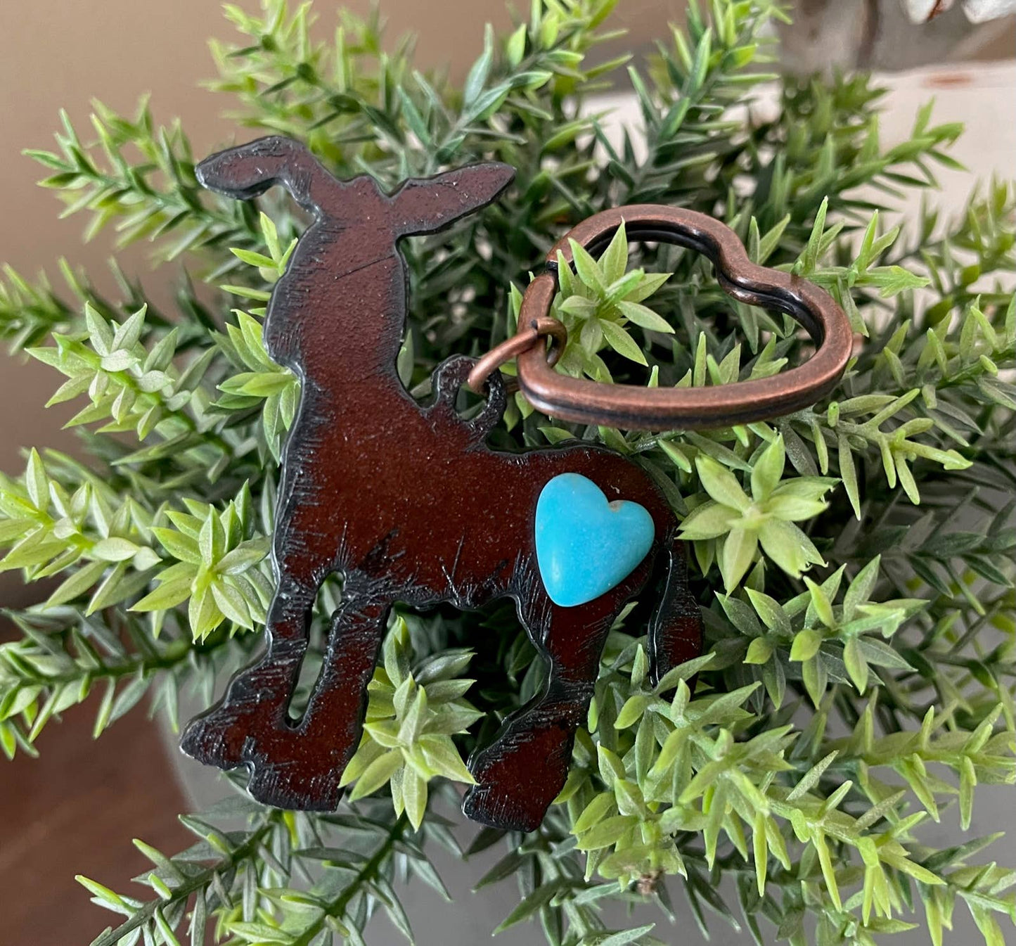Rustic Donkey Keychain with Heart Cabochon – Farm Animal Metal Keychain – Donkey Lover Gift