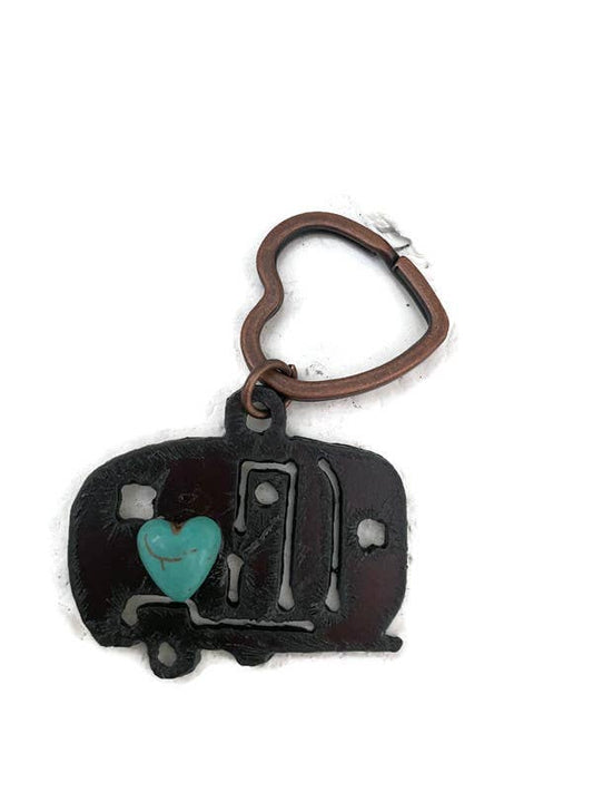 Rustic Camper Keychain with Turquoise Heart – Metal RV Keychain – Camping Lover Gift