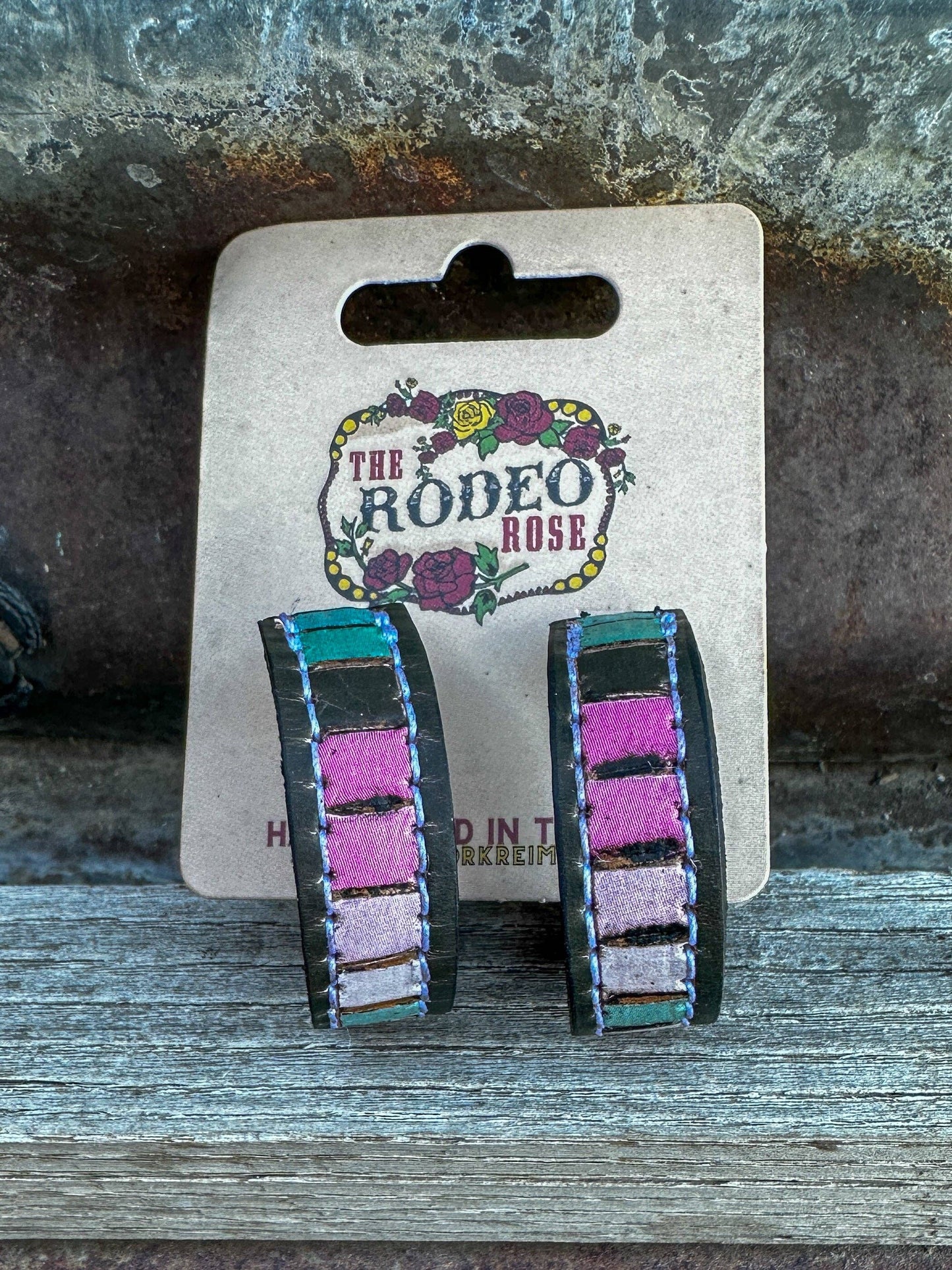 Beaded Tooled Leather Hoop Earrings 30mm Cowgirl Rodeo