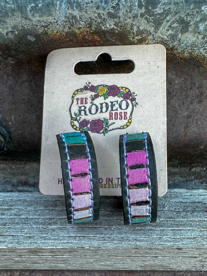 Beaded Tooled Leather Hoop Earrings 30mm Cowgirl Rodeo