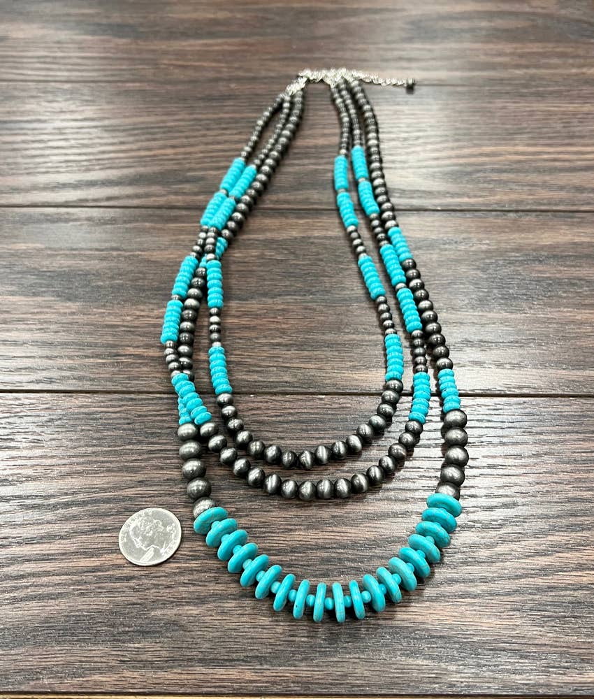 Handmade 3-Strand Navajo Pearl Bead Necklace – 30” to 35” Adjustable Western Statement Necklace