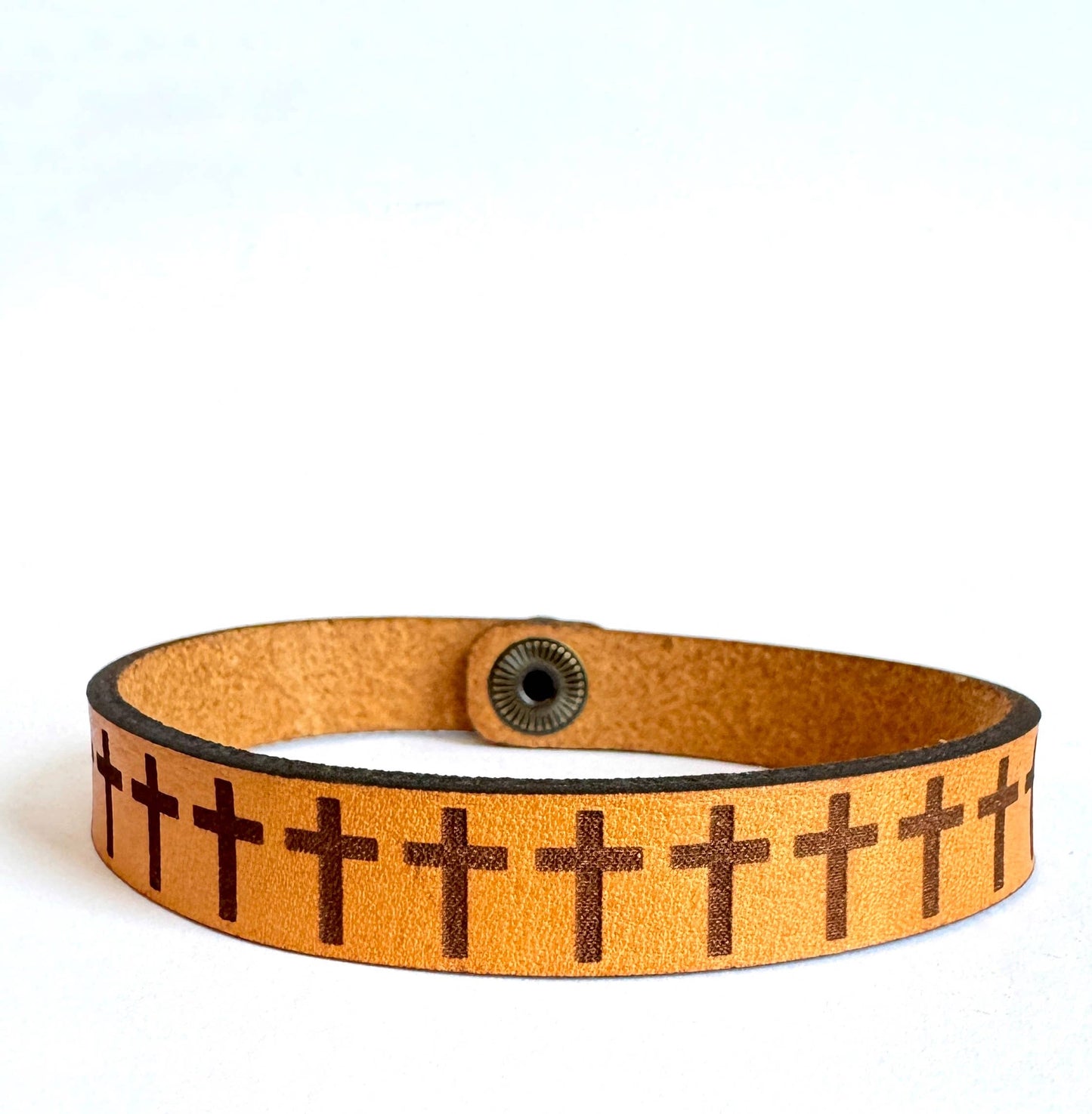 Row of Crosses Snap Bracelet - Engraved Or Cut Leather Cuff