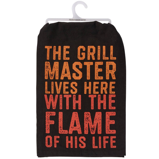 Grill Master Kitchen Towel – “The Grill Master Lives Here With The Flame Of His Life” Funny Grilling Gift