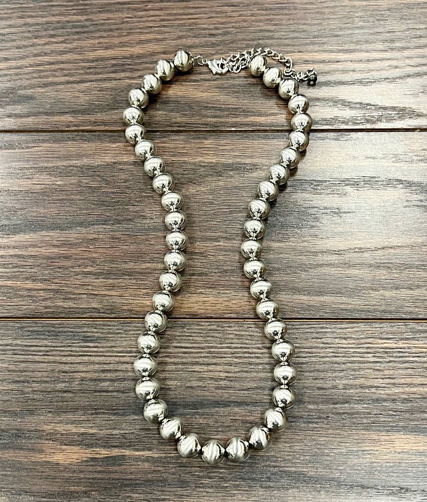 Big 14mm Silver Navajo Bead Necklace – 24" to 29" Adjustable Western Statement Jewelry