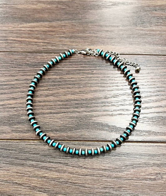 Handmade Thin Rondelle Navajo Pearl & Turquoise Necklace – 16” to 21” Adjustable Western Jewelry | Made in USA