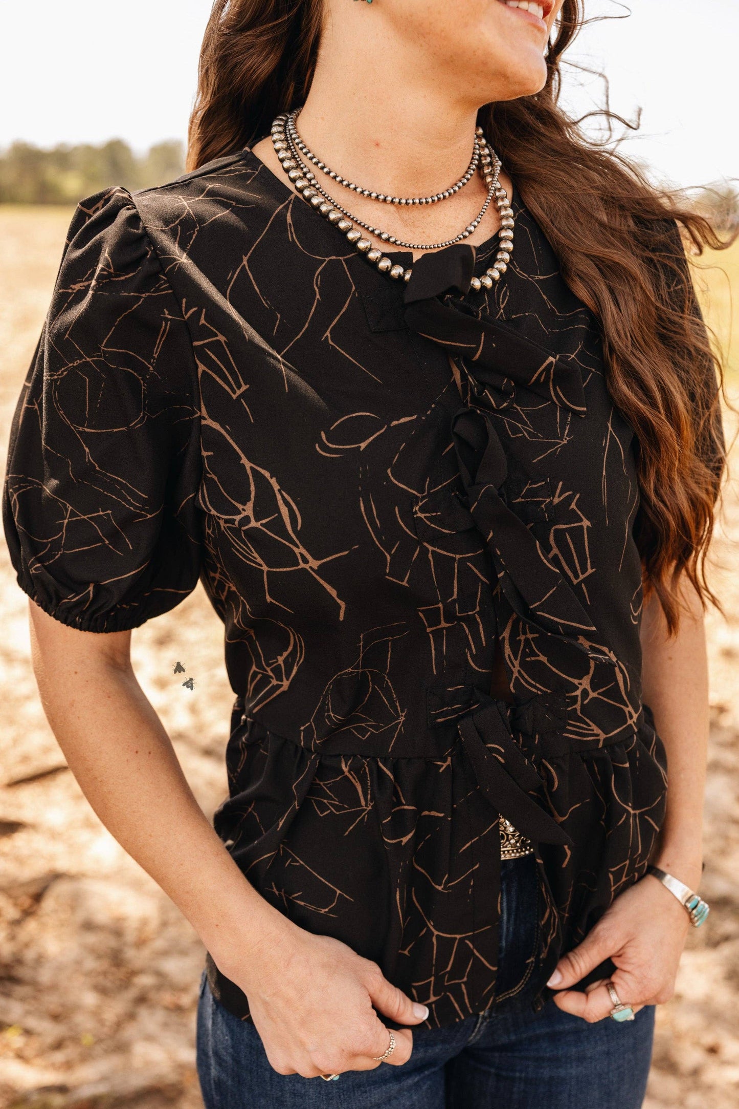 Coquette Cowgirl Puff Sleeve Tie-Front Top