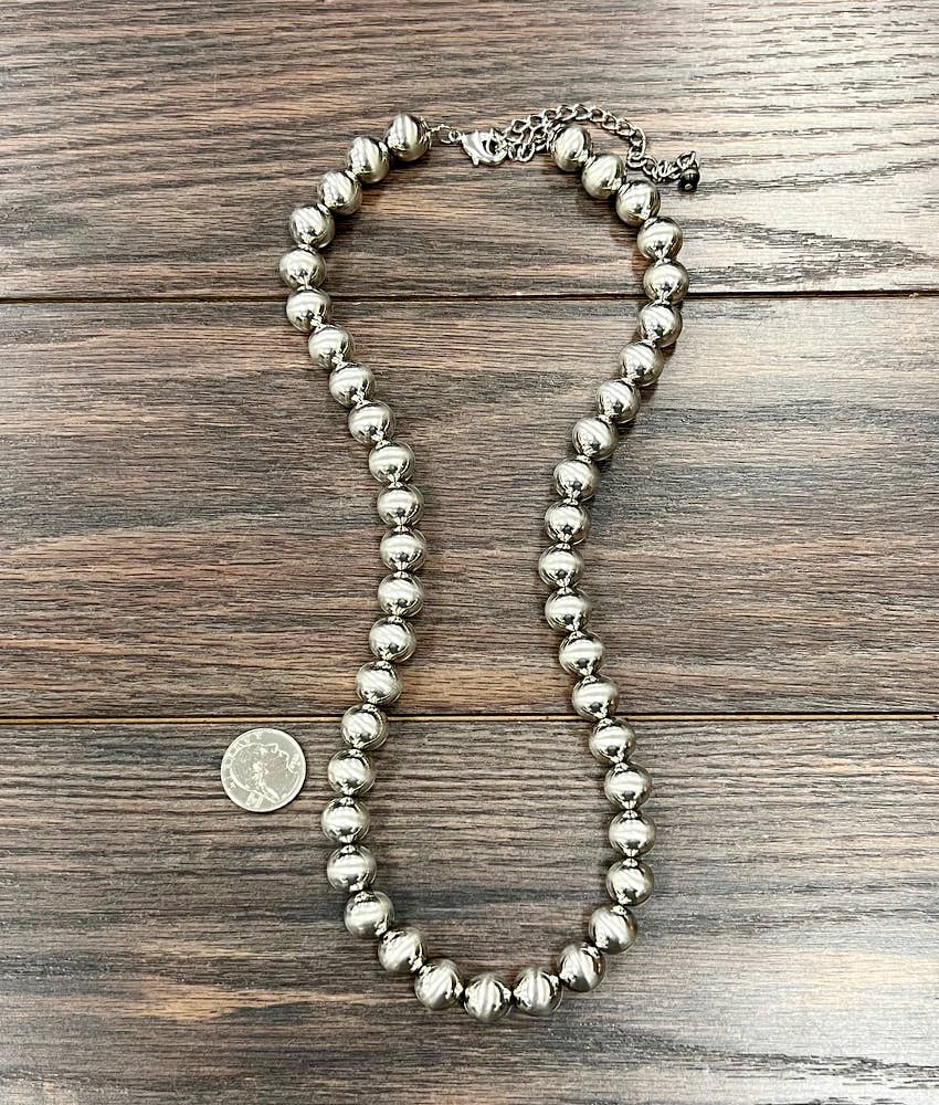 Big 14mm Silver Navajo Bead Necklace – 24" to 29" Adjustable Western Statement Jewelry