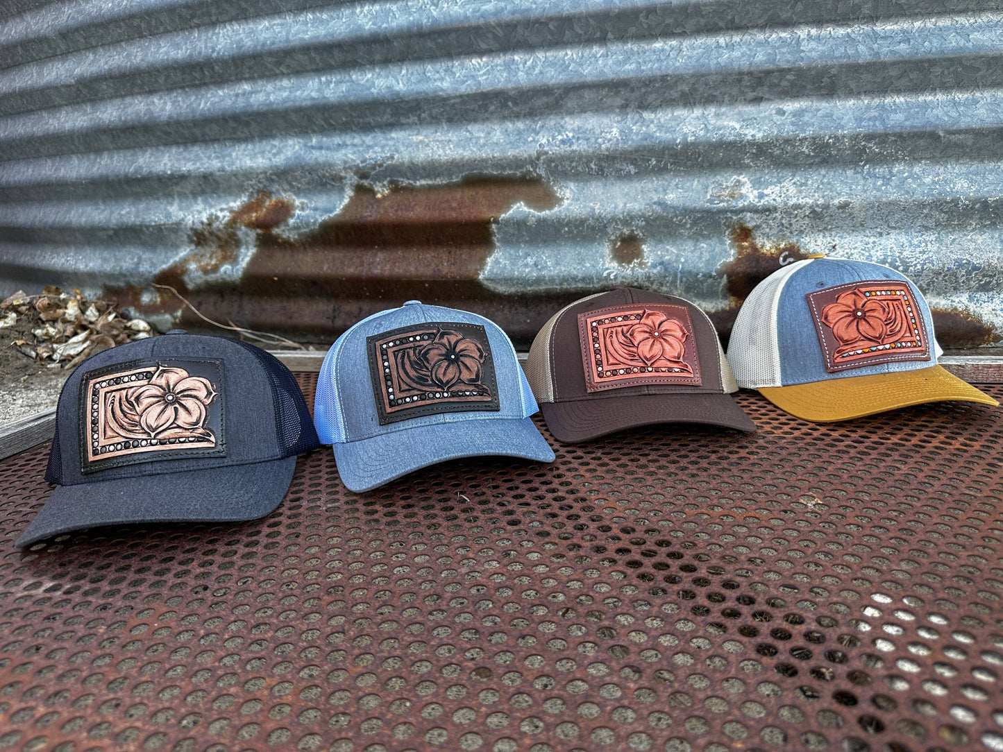 Pansy Handtooled Leather Patch Cap with Beaded Border Cowgirl Rodeo Western Cowboy