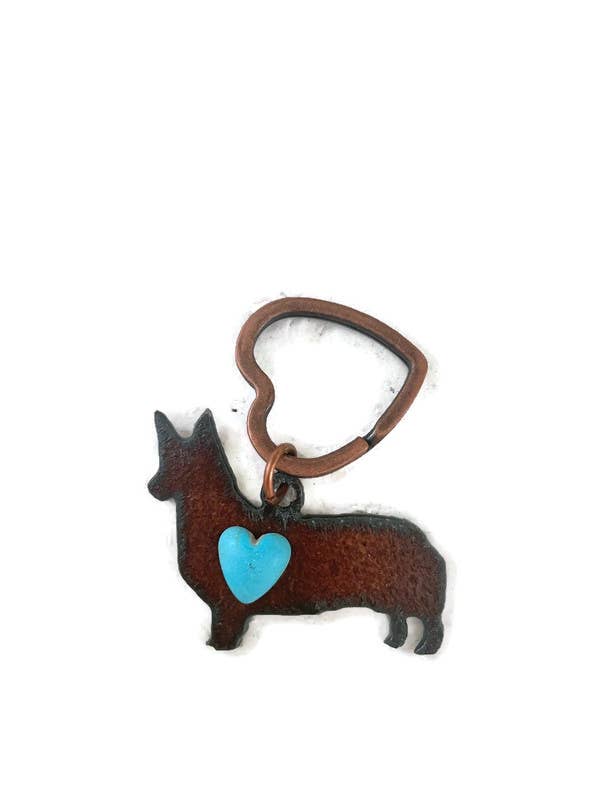 Rustic Corgi Keychain with Heart Cabochon – Metal Dog Keychain – Dog Lover Gift