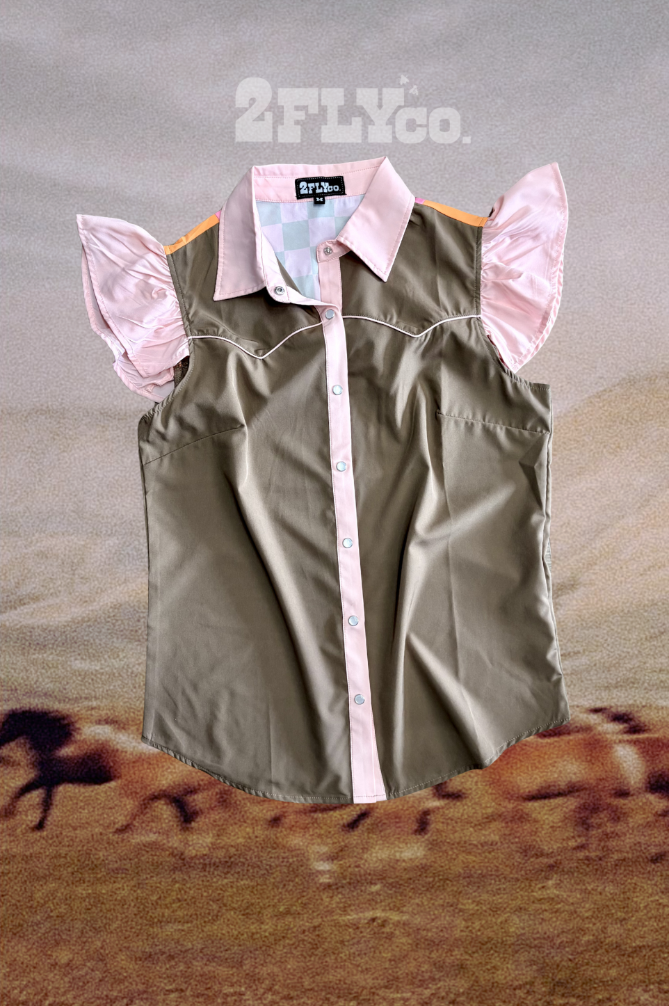 Quilt-Inspired Ruffle Pearl Snap Top – Western Blouse