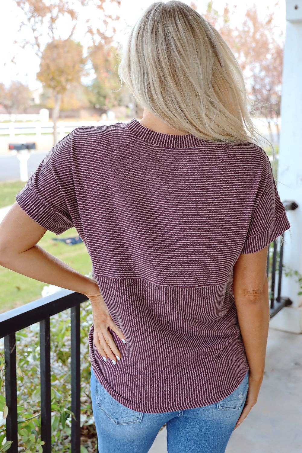 PRETTY BASH Women's Corded Knit Mock Neck T-Shirt | Casual Textured Boutique Top