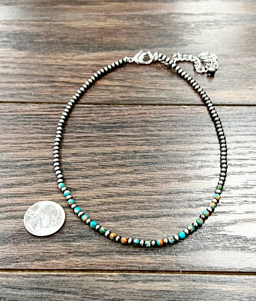 Handmade 4mm Gemstone & Navajo Pearl Necklace – 16” to 19” Adjustable Delicate Western Jewelry