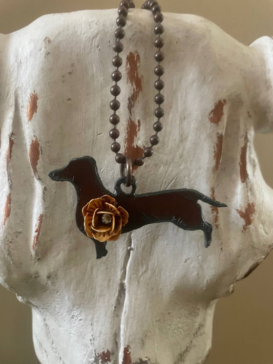 Rustic Dachshund (Doxie) Necklace with Swarovski Crystal – Western Copper Chain Necklace – Dog Lover Gift