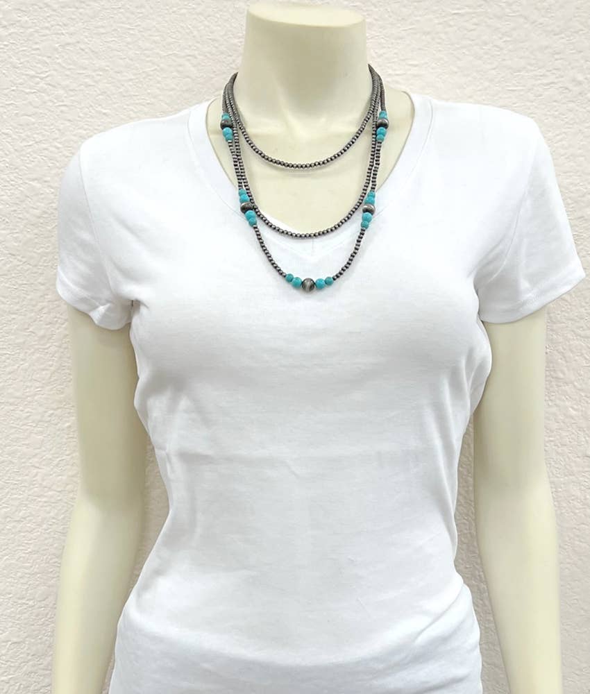 Handmade 3-Strand Navajo Pearl & Turquoise Necklace – 22” to 27” Adjustable Western Layered Statement Jewelry