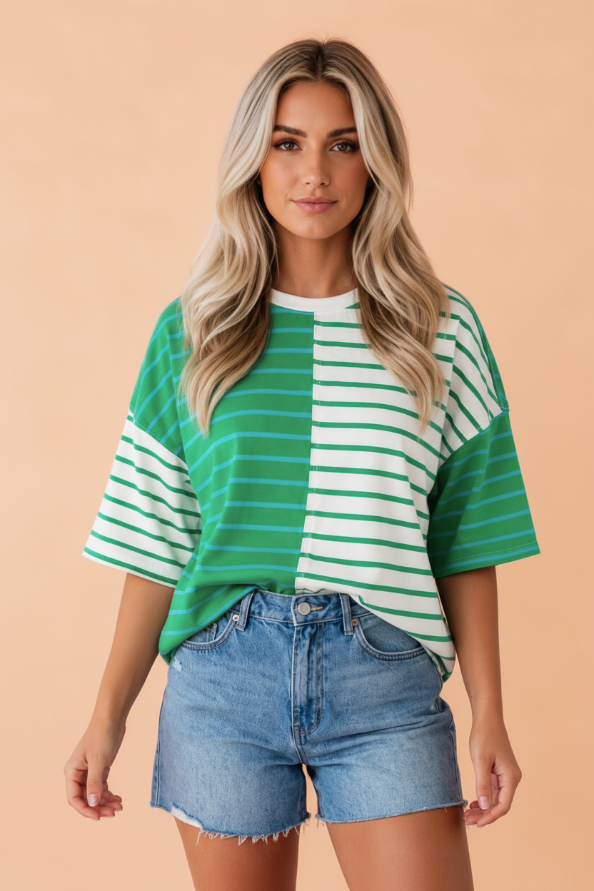PRETTY BASH Women's Striped Colorblock 3/4 Sleeve Tee | Relaxed Fit Casual Top