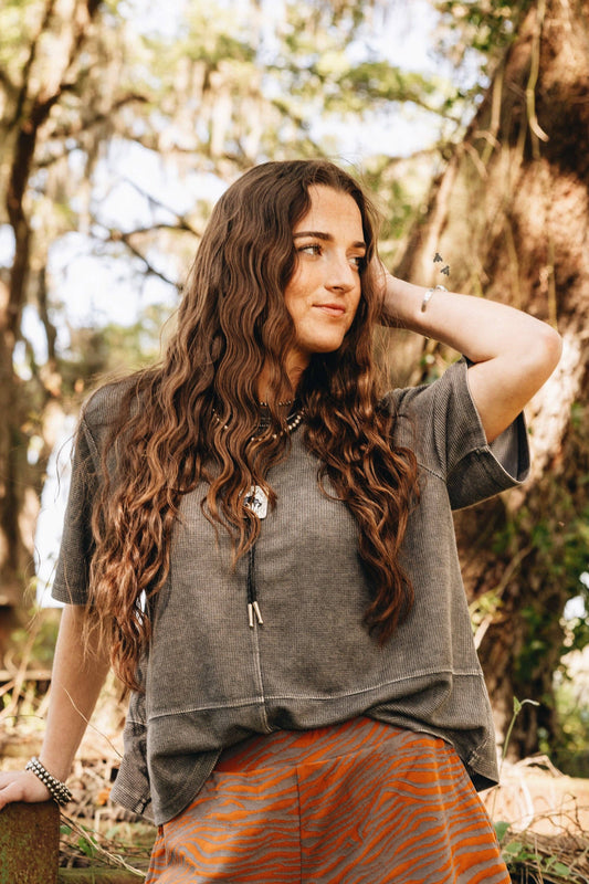 Waffle Knit Seam Detail Top | Western Flowy Basic Tee